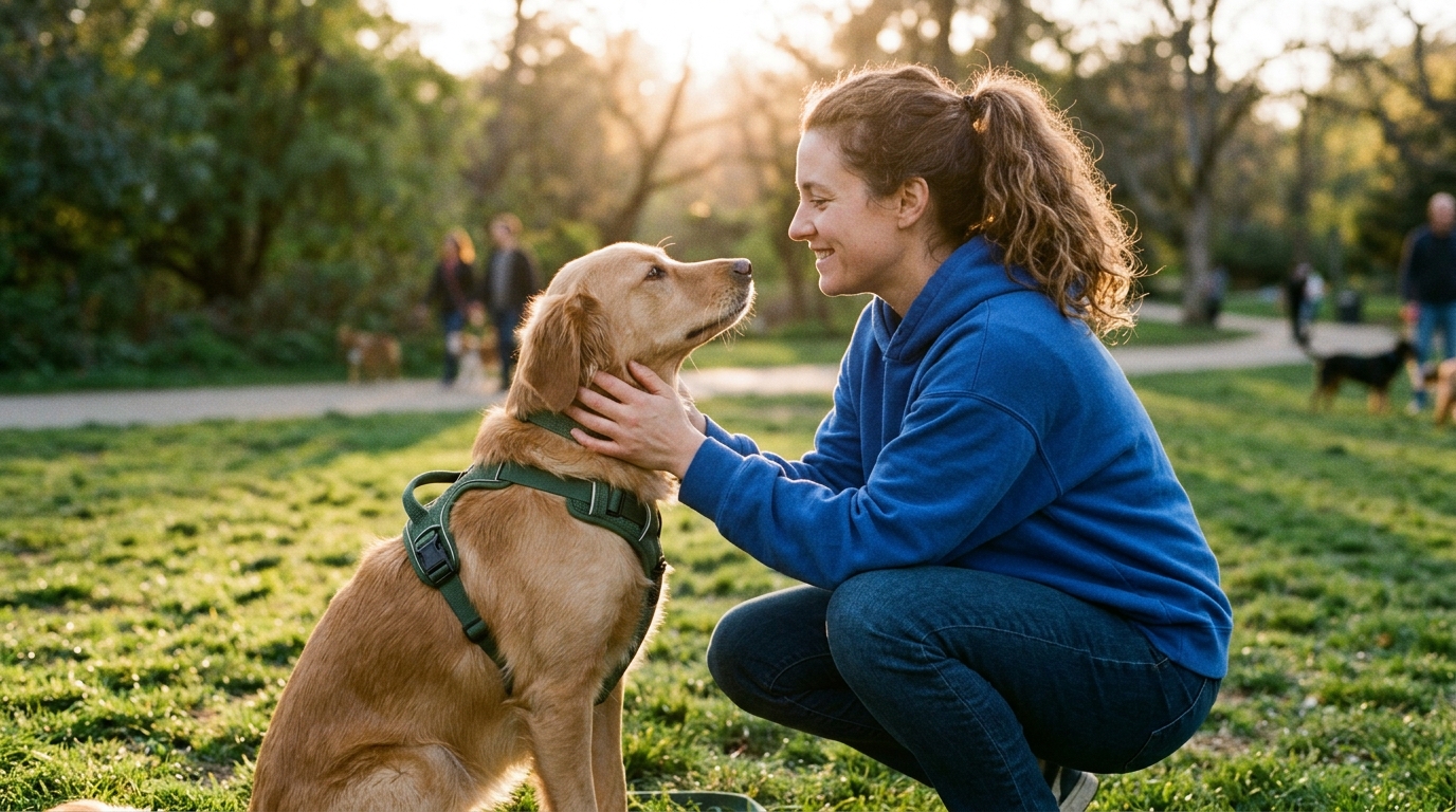 Lou, educadora canina, y perro feliz en el parque